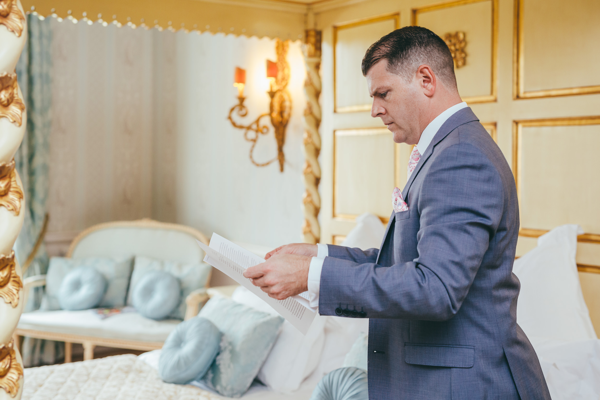 Groom reading his speech before his wedding at Norwood Park