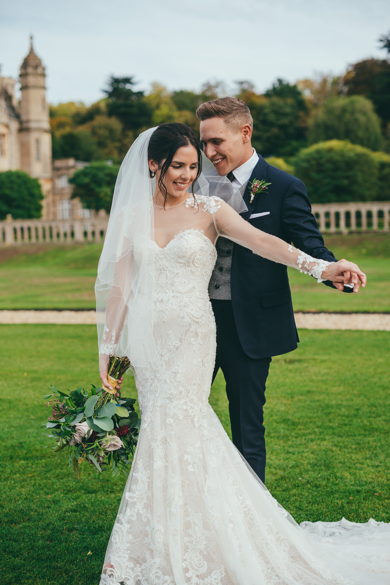 bride and groom at harlaxton manor