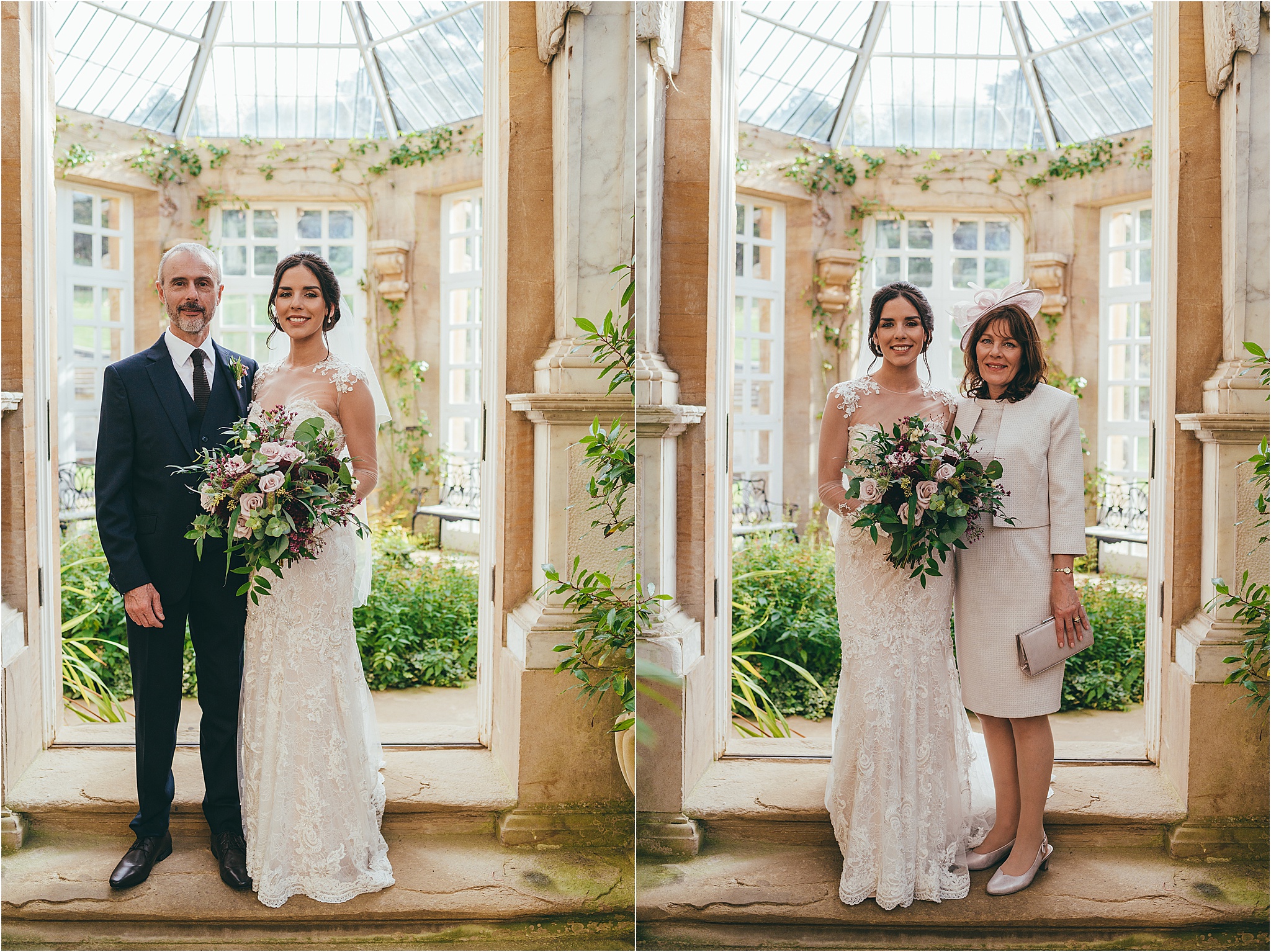 portraits of the bride with her mother and father at Harlaxton manor