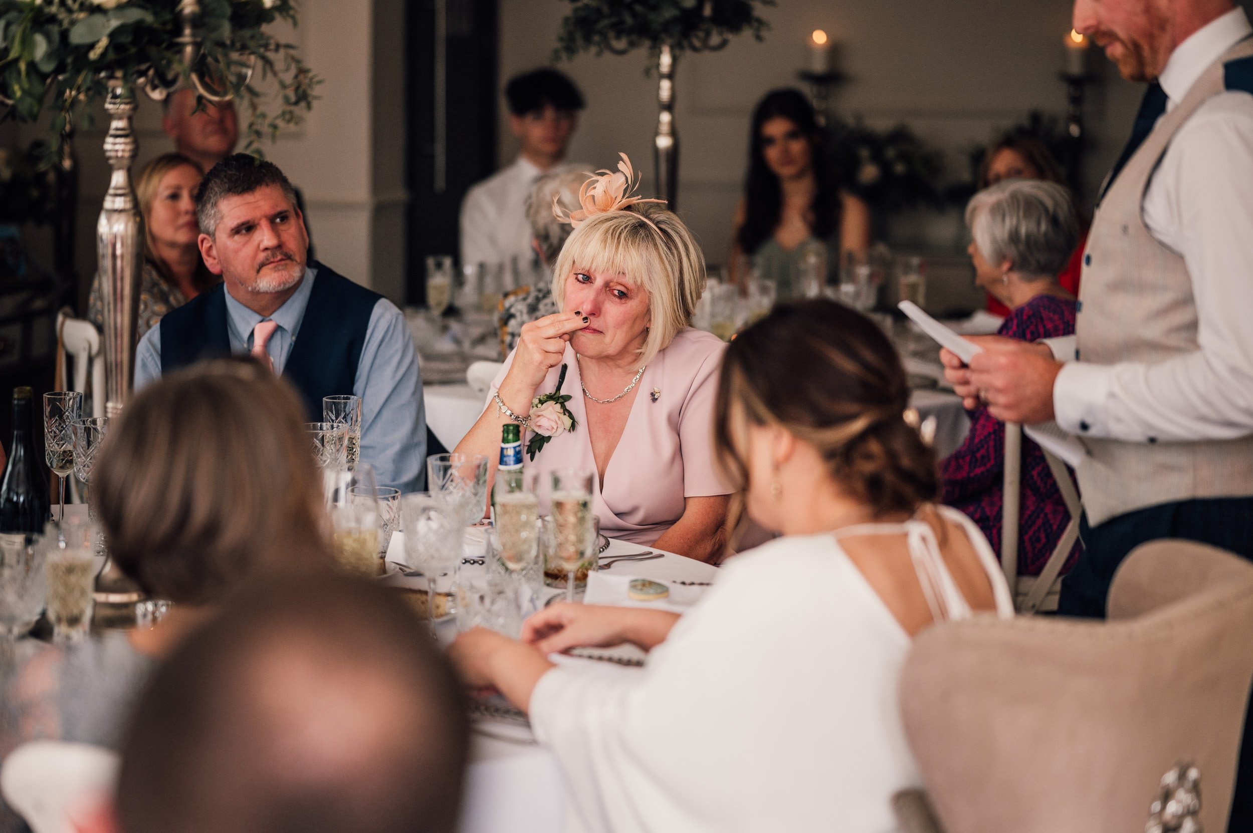 grooms mother crying during wedding speeches at the old vicarage in southwell, Nottingham