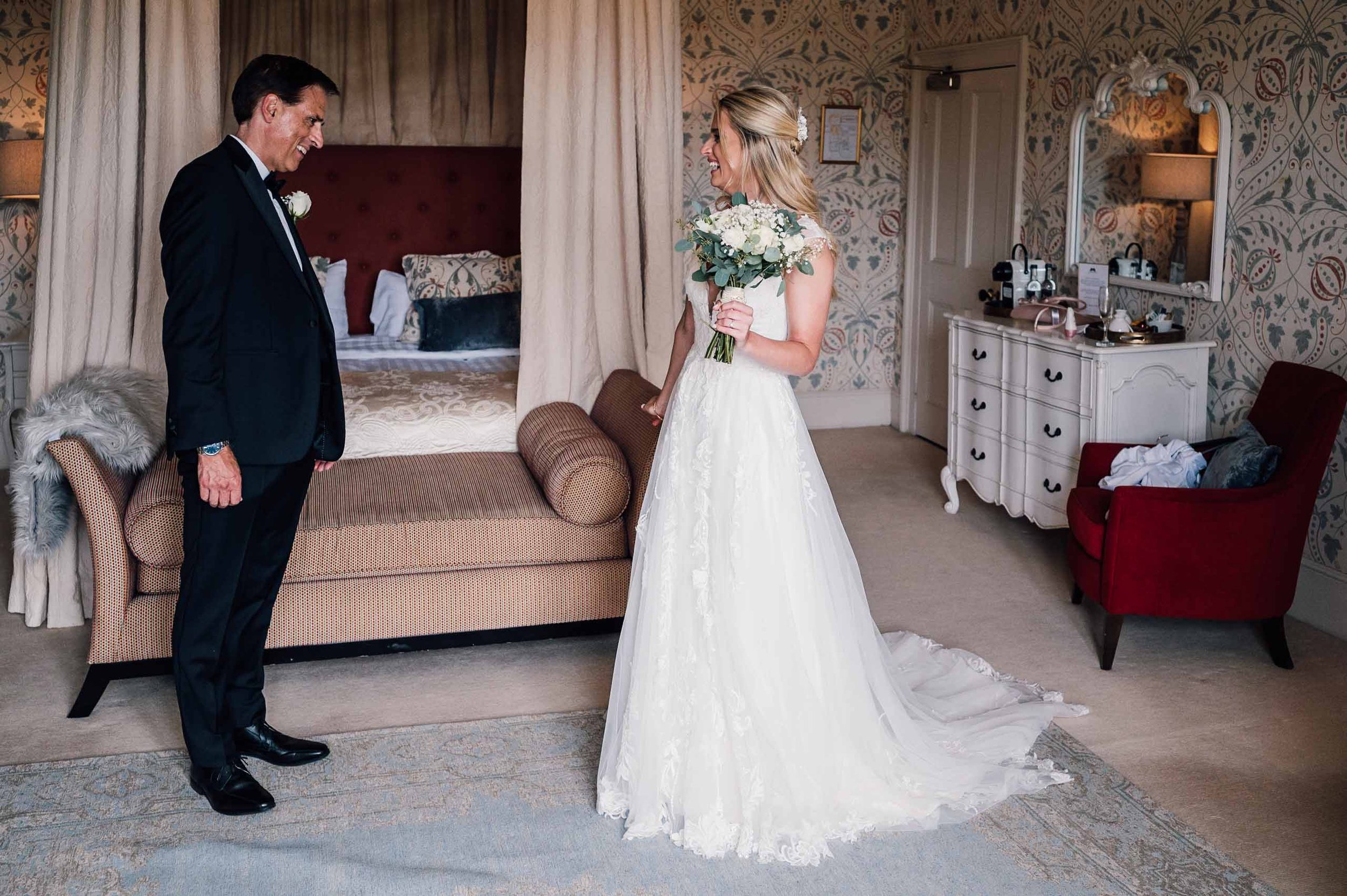 first look with the bride and her father at Hodsock Priory