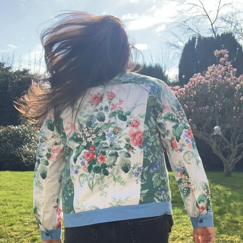Shacket #1 by Saturn Cottage Industries - lightweight floral jean jacket reverse, worn in the sunshine, handmade in Ireland with reused fabrics 800x800 v2.jpg