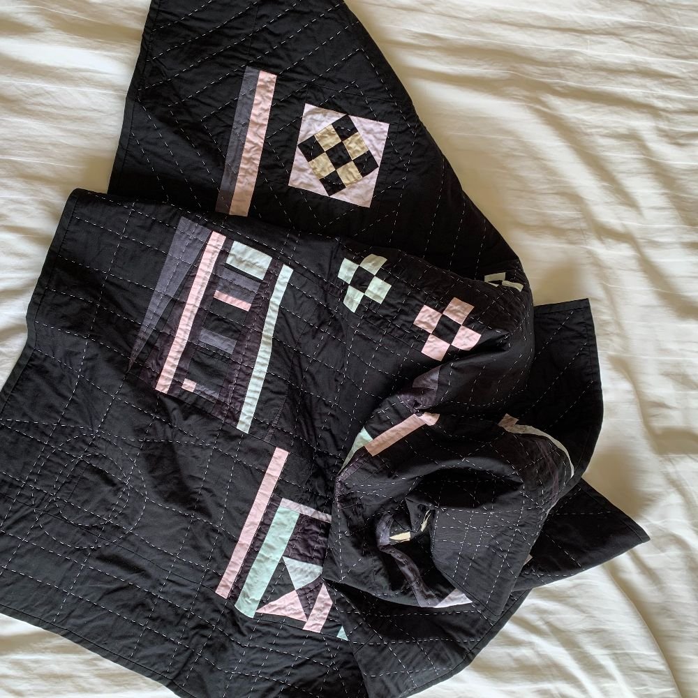 Geometric Dusk Lap Quilt by Saturn Cottage Industries slow textiles made in Ireland