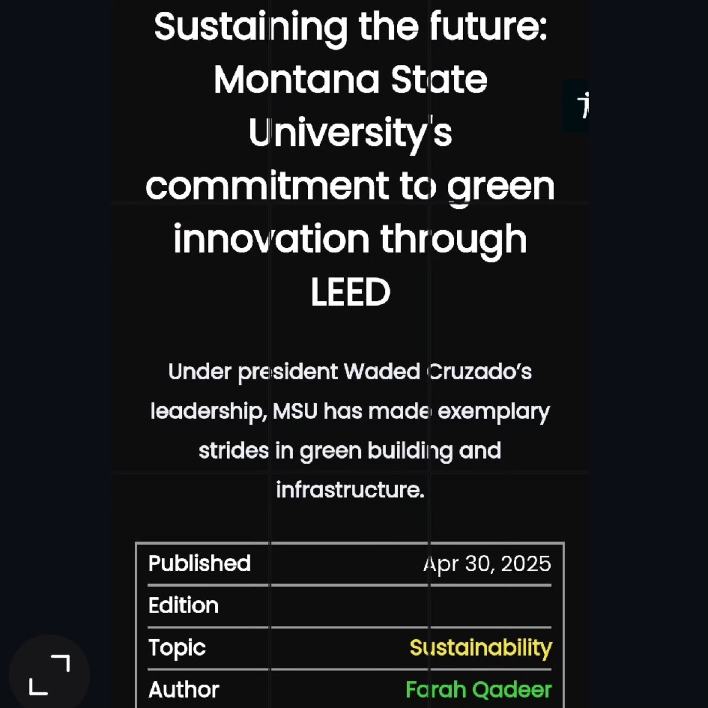 Link in Bio- 🌿 I'm thrilled to share that my recent interview with energy leaders has been featured via @usgbc - Sustaining the Future: Montana State University's Commitment to Green Innovation through LEED. 🌿
In this piece, I had the privilege of