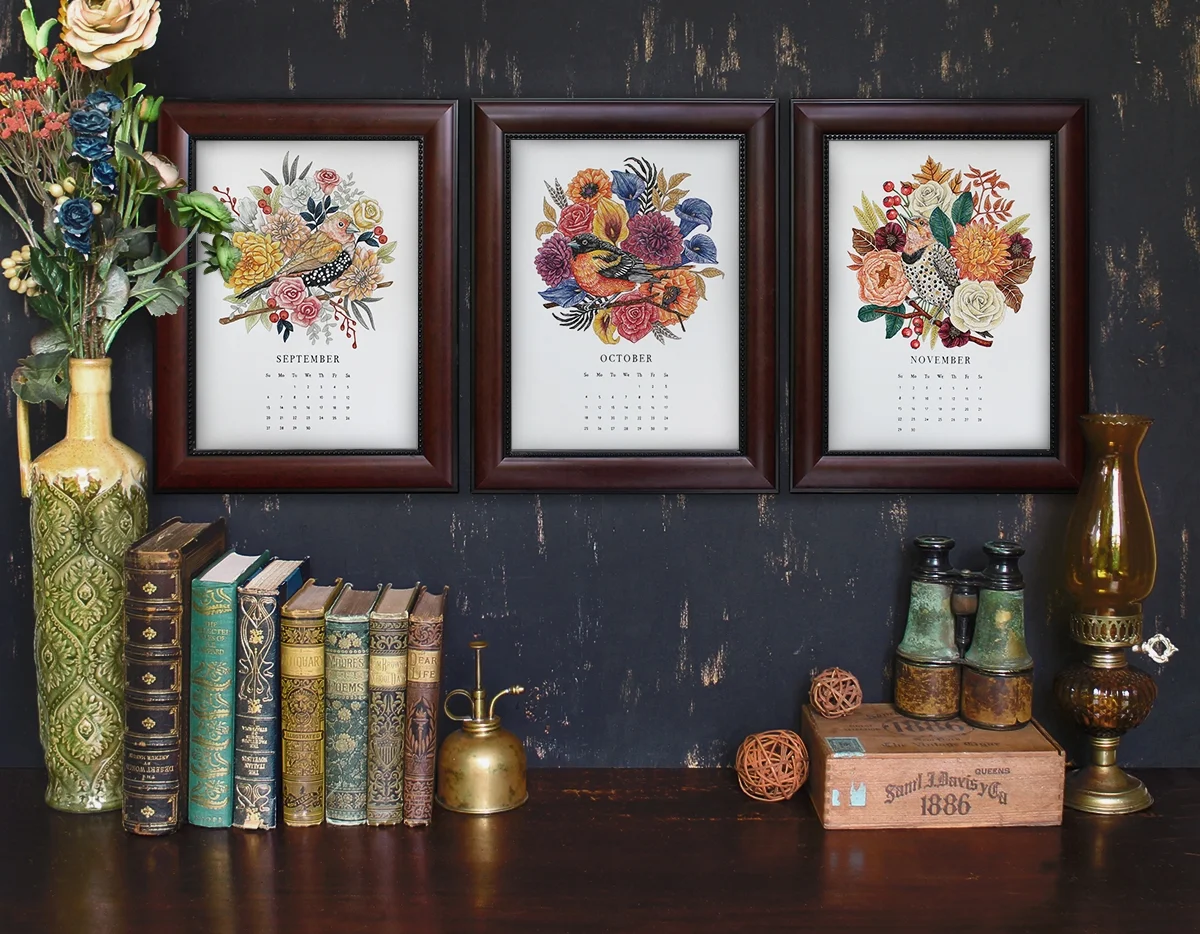 September, October and November-themed floral and bird illustrations; series to-be-continued