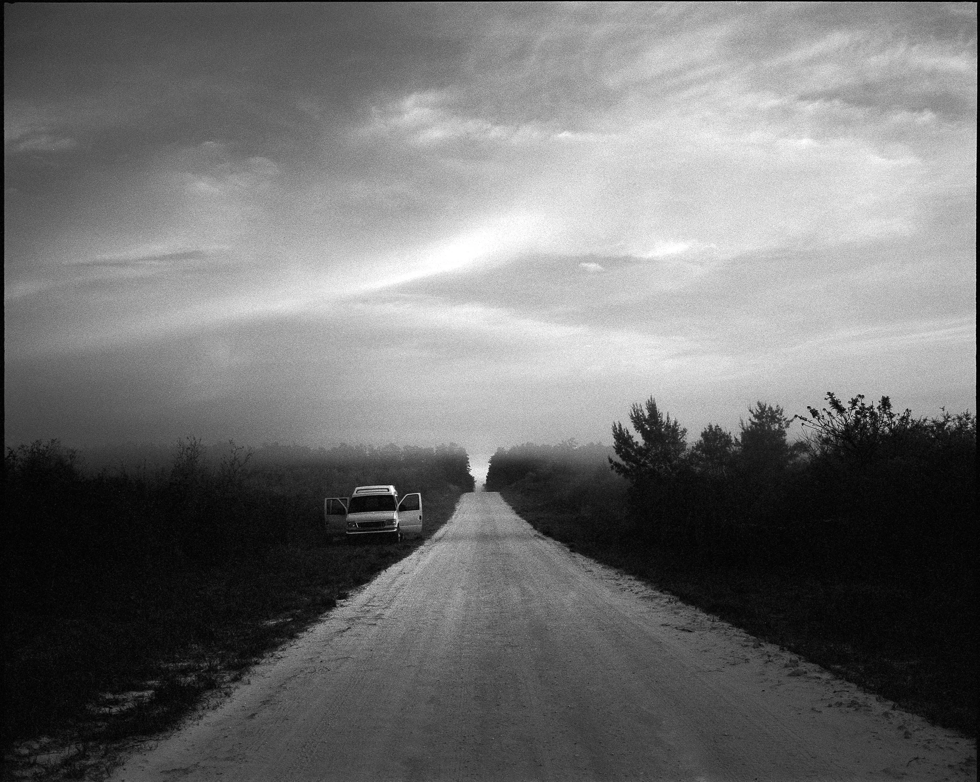 My 2006 Ford Econoline, Howl, sits with the doors wide open on the side of the road after Alex and I jumped out to photograph the morning fog. Mamiya 7ii, 80mm, Kodak Tri-X 400 pushed to 1600.