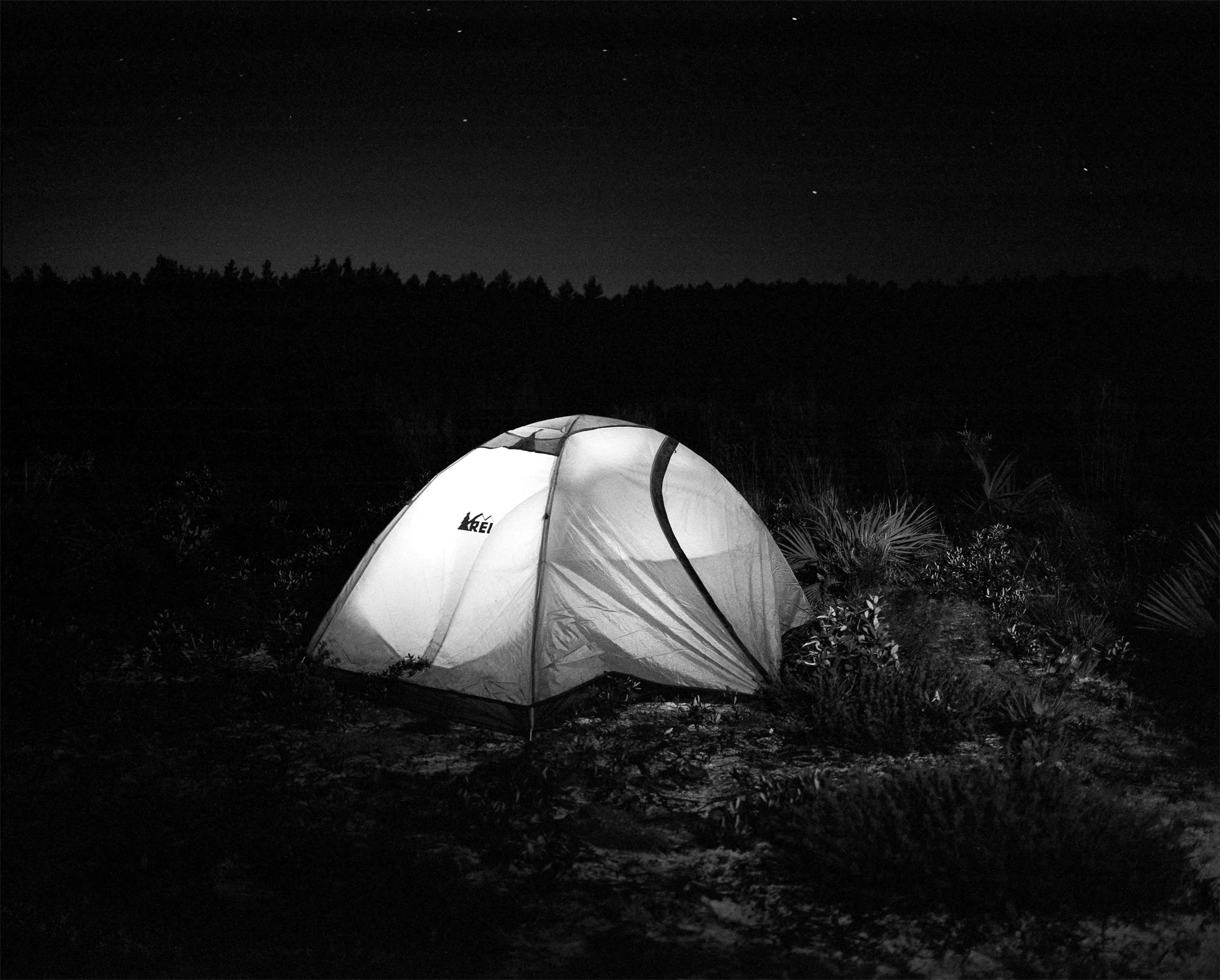My tent beneath the stars in the Juniper Prairie Wilderness. Shot details: Mamiya 7ii, 80mm f/4, Kodak Tri-X 400 pushed to 1600, Nikon SB910 fired remotely