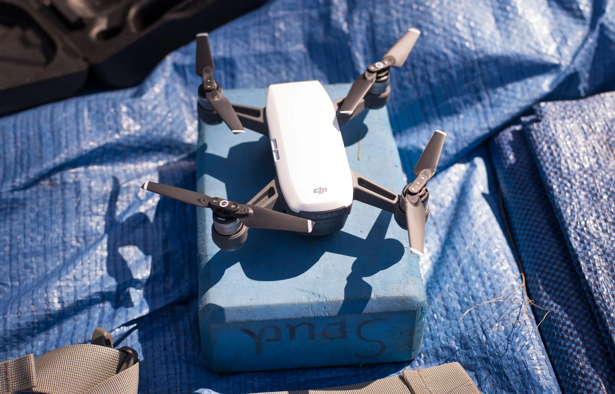 Alex’s DJI Spark, which we appropriately nicknamed “Spudnik” due to the word “Spud” written on the side of Alex’s yoga block launch pad, prepares for takeoff.