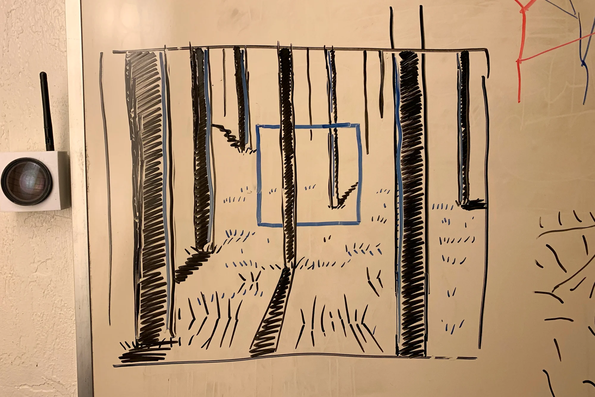 A rough draft I sketched on Alex’s whiteboard during our Thursday meeting illustrates the goal: a single blue square emanating from the middle of a dense pine forest.