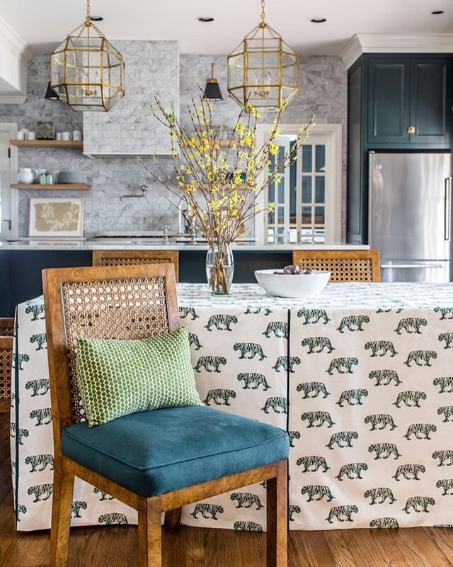 Stunning kitchen by @themisfithouse featuring our Tigers print in emerald.  Love it all! .
.
#handprintedtextiles #fabric #textiles #interiordesign #designer #designs #green #emerald #interiors