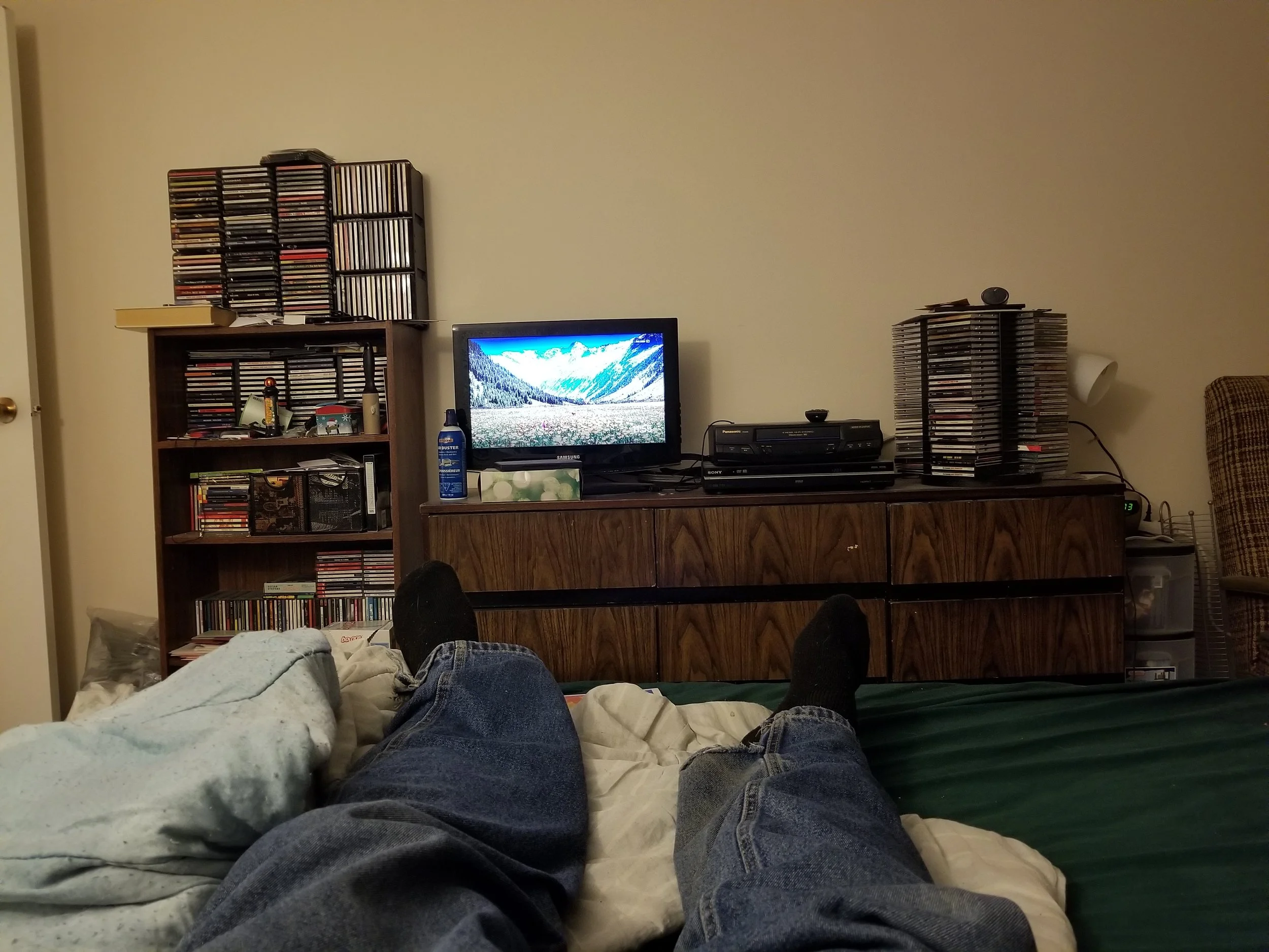 Forgive the unmade bed.