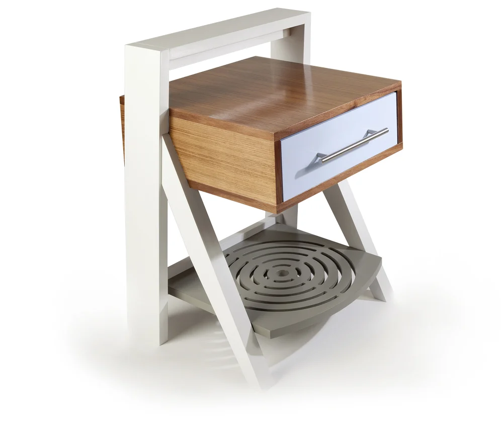   Olga dall'Ava   Painted MDF, walnut veneer, fluorescent lamp, stainless steel hardware  27.5” H x 18.5” W x 18.5” D  Side table with integrated lighting     Photograph by Alan Labb 