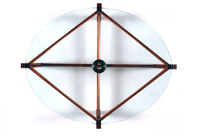   3 Axis Coffee Table   Cherry, Ebony, Glass, Stainless Steel, Aluminum  17” H x 26” W x 32” L 