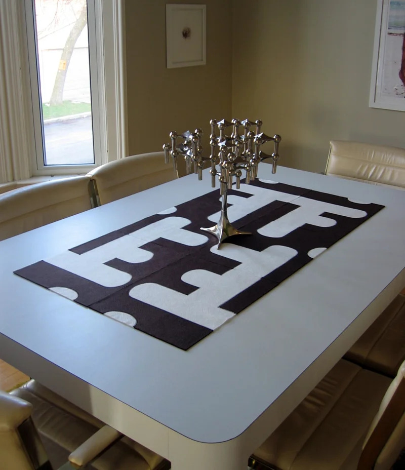   Bridget Placemats   Stitched 20LB Felt 16”L X 12” W each  The mats can be used to distinguish individual place settings or grouped together to create a table runner or center piece. Each mat is reversible and finished on both sides to maximize the 