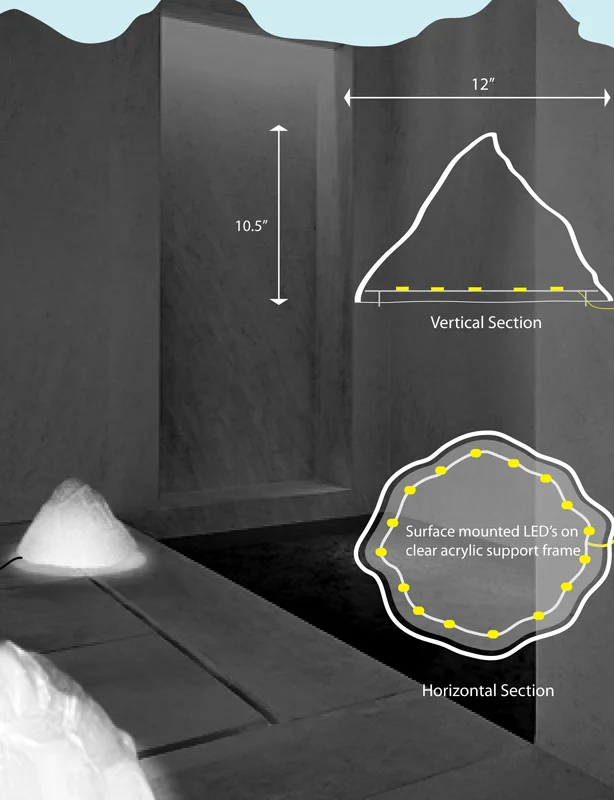   Summit Luminaire   Hand-blown and molded glass, LED's + Acrylic frame 10.5"H × 12" in diameter  Summit exploits the visual deception of scale to provide a new vista for the domestic landscape. The iconic form of a mountain peak is scaled down to fi