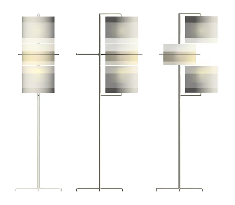   Swing Floor Lamp   Aluminum Frame + 3-Part Silk Shade 60”H X 14”DIAMETER  The  Swing Floor Lamp  is a multi-tasker in disguise. It gives off a warm, ambient illumination while also providing task lighting when needed. The middle section of the thre