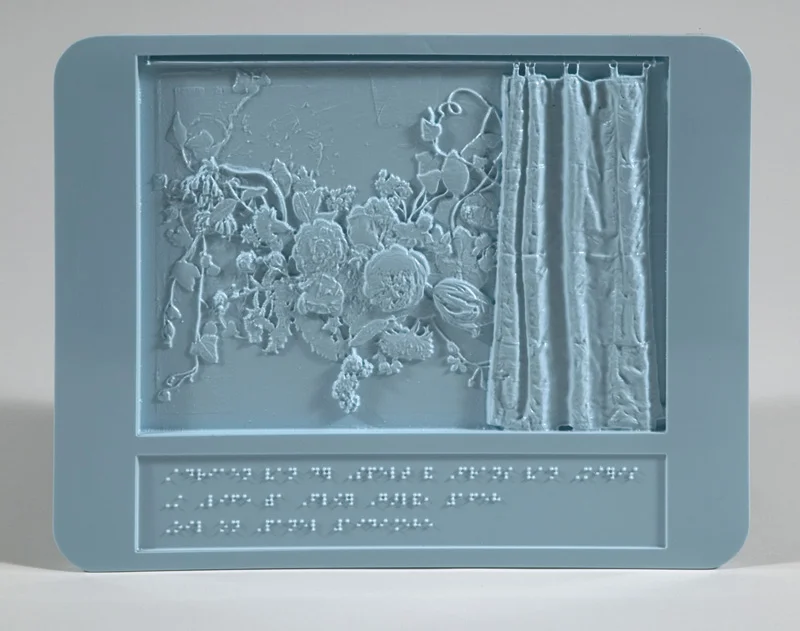 Tactiles for the Art Institute of Chicago Cast Plastic Tiles with Nylon Tote Each tiles is 11”L X 8.5”W Tactile showing : Adriaen van der Spelt and Frans van Mieris , Dutch, 1630-1673 & 1635-1681, Trompe-l'Oeil Still Life with a Flower Garland and a Curtain, 1658, Oil on panel, 46.5 x 63.9 cm, Wirt D. Walker Fund, 1949.585.