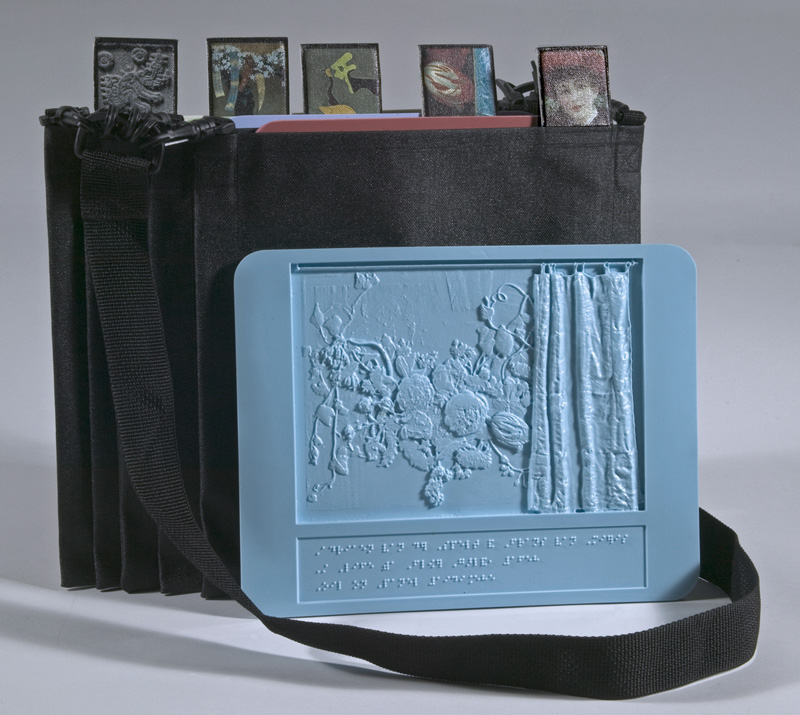 Tactiles for the Art Institute of Chicago Cast Plastic Tiles with Nylon Tote Each tiles is 11”L X 8.5”W People of all ages enjoy the opportunity to experience and contemplate works of art in the museum context. ‘TacTiles’ are a new approach to presenting visual works of art to museum visitors with impaired vision. The TacTiles are made of brightly colored cast plastic and are 8.5 inches x 11 inches and 1/4 inch thick. For the Art Institute of Chicago, the compositions and textures of 5 works from the permanent collection are intricately reproduced on the tiles, making these works available through the fingertips, to visually impaired visitors. Each TacTile fits into a pocket and these pockets snap onto a shoulder strap for transportation into the museum. The pocket contains additional components that provide for different modes of understanding essential information about the artwork on display including a large-type print description and a Braille description of the artwork. The Storage/Carrying system is designed to be expandable and new ‘TacTile’s can be easily added. Each pocket has a large image tab to help users and their guides distinguish which artwork is represented on the ‘TacTile’. To achieve a tactile graphic where the significant compositional elements and visual qualities of each artwork were easily visible to the touch we conducted several rounds of user-research and testing. Although less than 10% of the visually impaired population read Braille we followed the advice of our user groups and included a Braille version of the standard museum label information on each tactile. Users felt that including this information provided the Braille reader with autonomy when using the tiles. The kits are available for public use through pre-arranged Escorts for the Blind tours organized by the AIC’s Department of Museum Education. This groundbreaking project was made possible by a generous grant from Beatrice C Mayer (Buddy) and the Nathan Cummings Foundation.