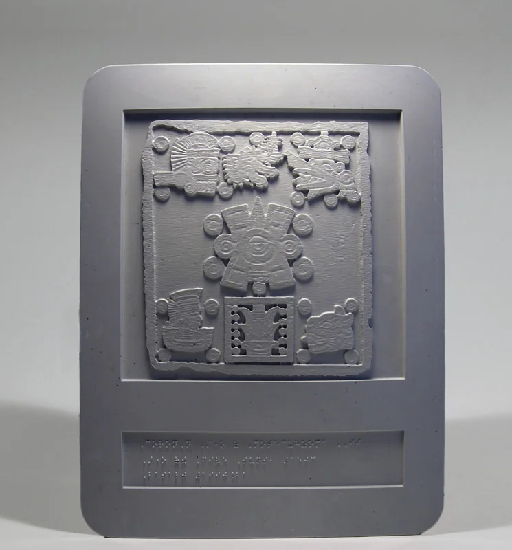 Tactiles for the Art Institute of Chicago Cast Plastic Tiles with Nylon Tote Each tiles is 11”L X 8.5”W Tactile showing : Mexico, Tenochtilan , Aztec Culture, Coronation Stone of Moctezuma II ("Stone of the Five Suns"), c.1503, Basalt, 55.9 x 66 x 22.9 cm, Major Acquisitions Fund, 1990.21 top view.