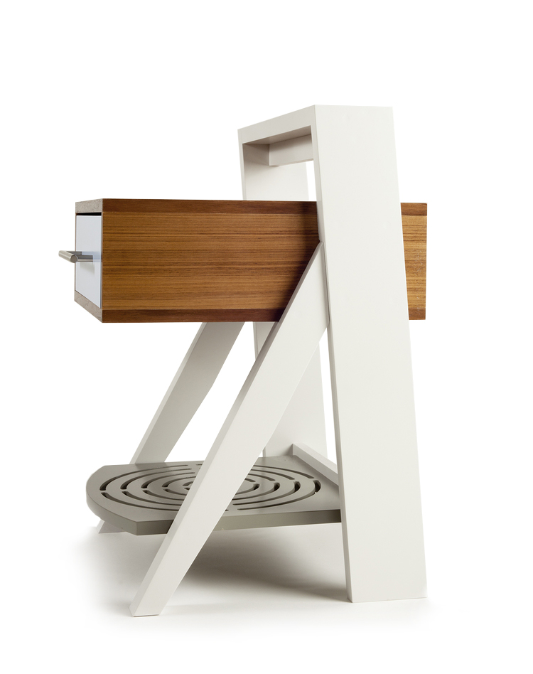   Olga dall'Ava   Painted MDF, walnut veneer, fluorescent lamp, stainless steel hardware  27.5” H x 18.5” W x 18.5” D  Side table with integrated lighting     Photograph by Alan Labb 