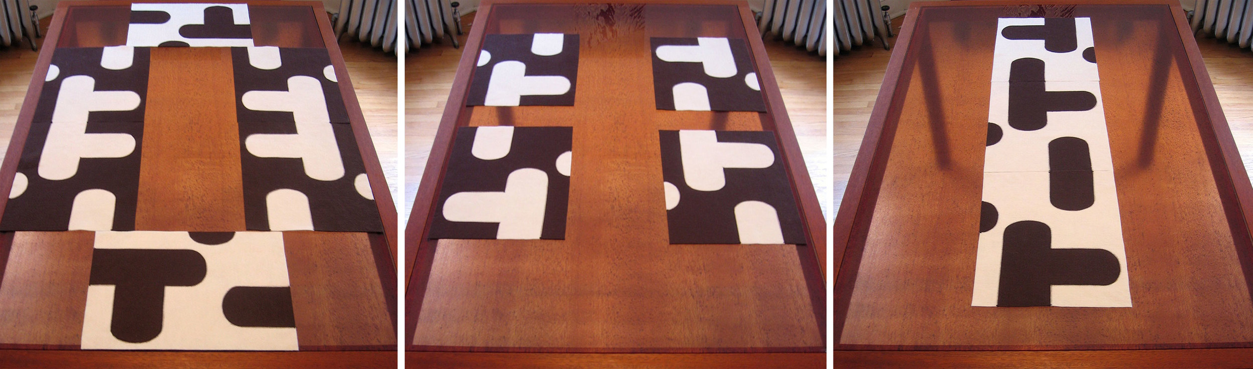   Bridget Placemats   Stitched 20LB Felt 16”L X 12” W each  The mats can be used to distinguish individual place settings or grouped together to create a table runner or center piece. Each mat is reversible and finished on both sides to maximize the 