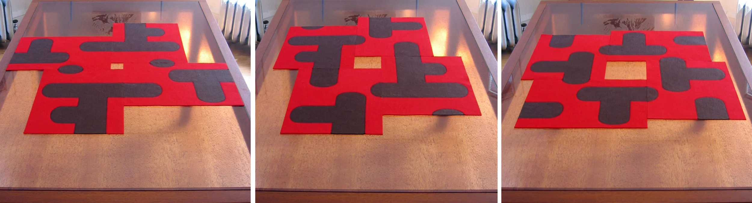   Bridget Placemats   Stitched 20LB Felt 16”L X 12” W each  The mats can be used to distinguish individual place settings or grouped together to create a table runner or center piece. Each mat is reversible and finished on both sides to maximize the 