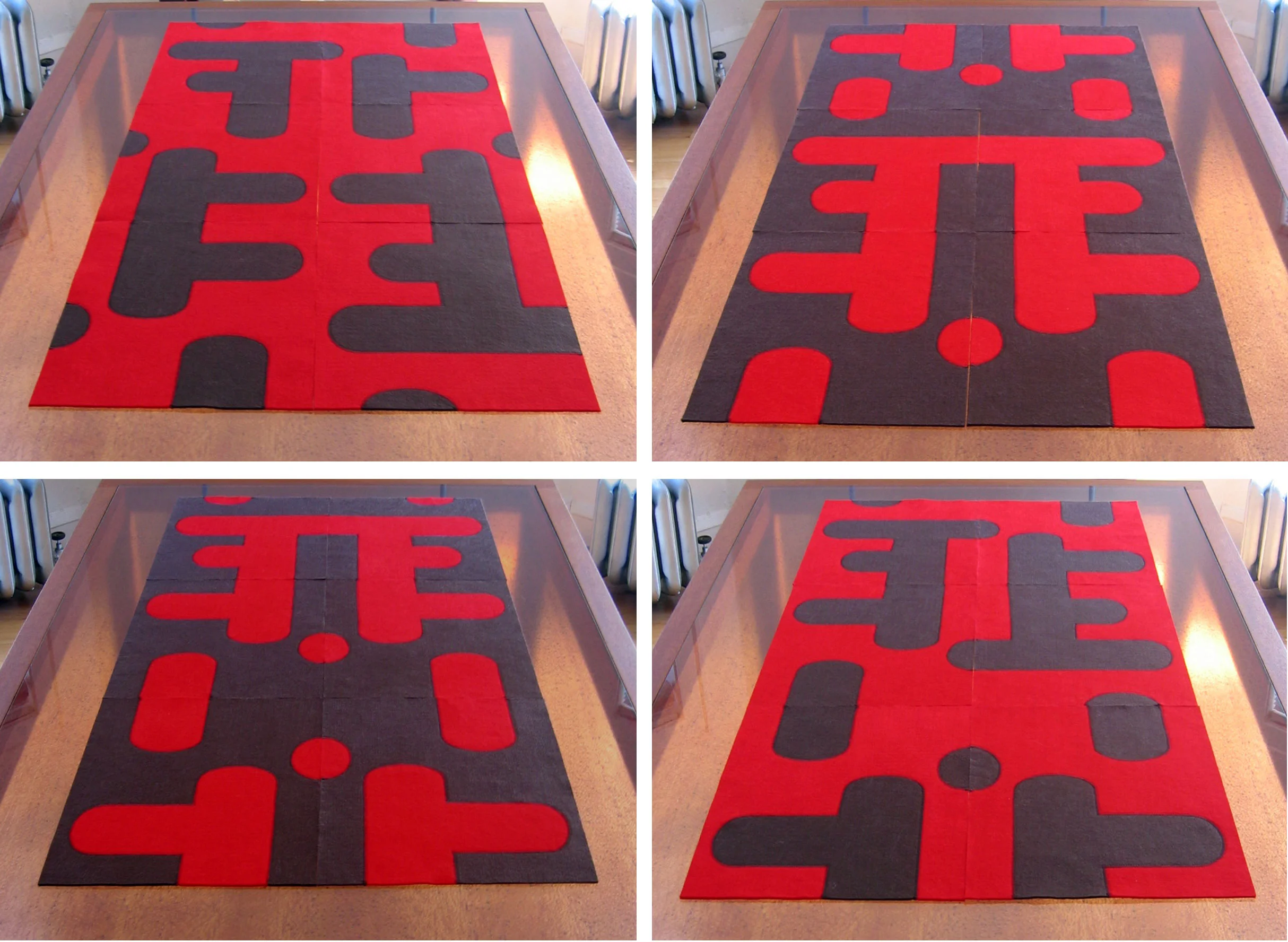   Bridget Placemats   Stitched 20LB Felt 16”L X 12” W each  The mats can be used to distinguish individual place settings or grouped together to create a table runner or center piece. Each mat is reversible and finished on both sides to maximize the 