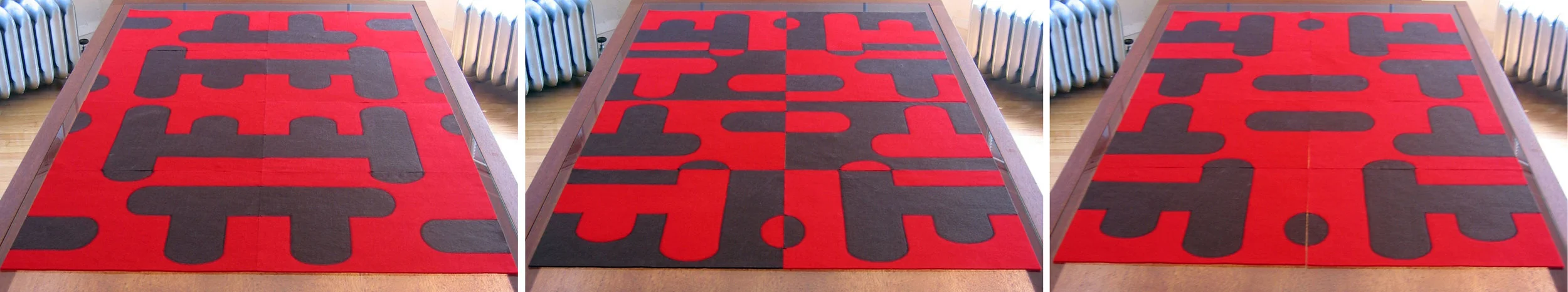   Bridget Placemats   Stitched 20LB Felt 16”L X 12” W each  The mats can be used to distinguish individual place settings or grouped together to create a table runner or center piece. Each mat is reversible and finished on both sides to maximize the 