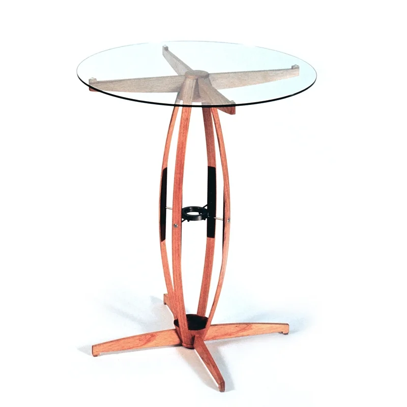   3 Axis Occasional Table   Ash, Mahogany, Glass, Stainless Steel  30” H x 24” W x 24” L       