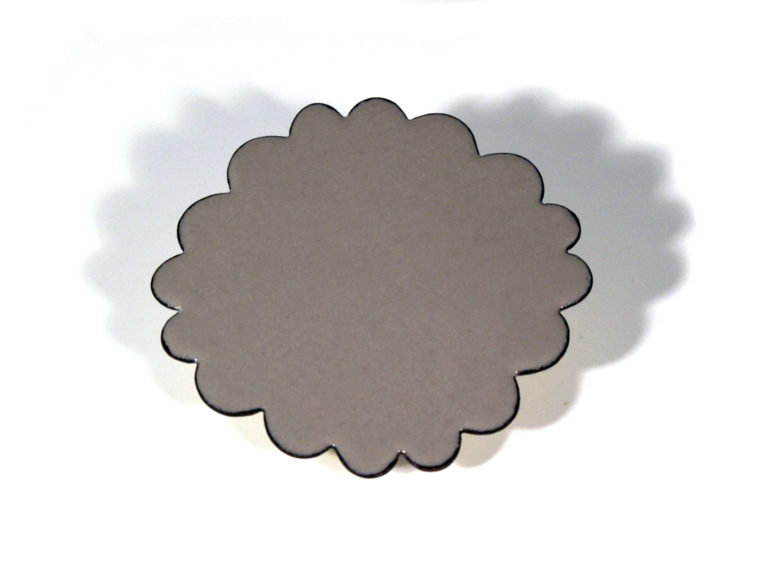   Shield - Daisy  (french grey) Brooch  Glass enamel on metal 2.5” W x 2.5” H 
