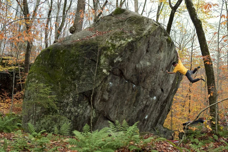 Live Free or Die, V7, at Green Lakes Boulders, Caroga Lake, NY. Photo by Justin Sandford.