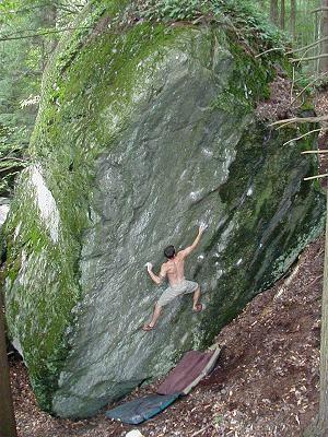 Scottie Raymond on Kanga , V6, in Waterbury, Vermont. Photograph by Josh Worley.