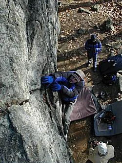 Brett Myers "warming" up for a winter bouldering session. 