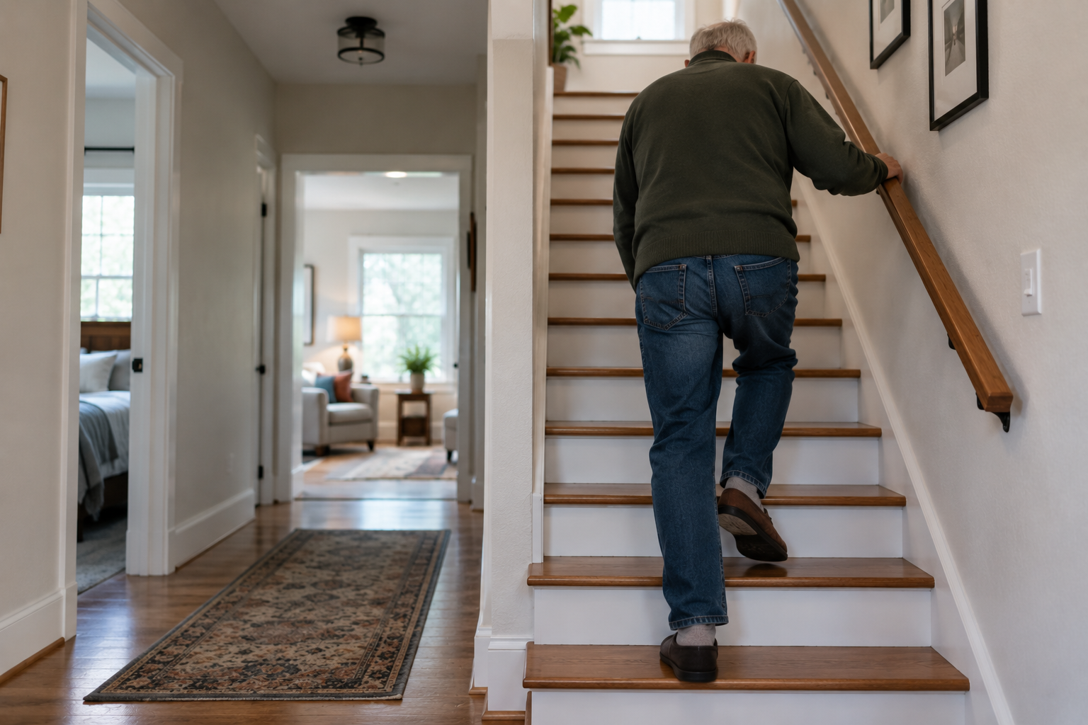 Older Man Ascending a Cozy Staircase