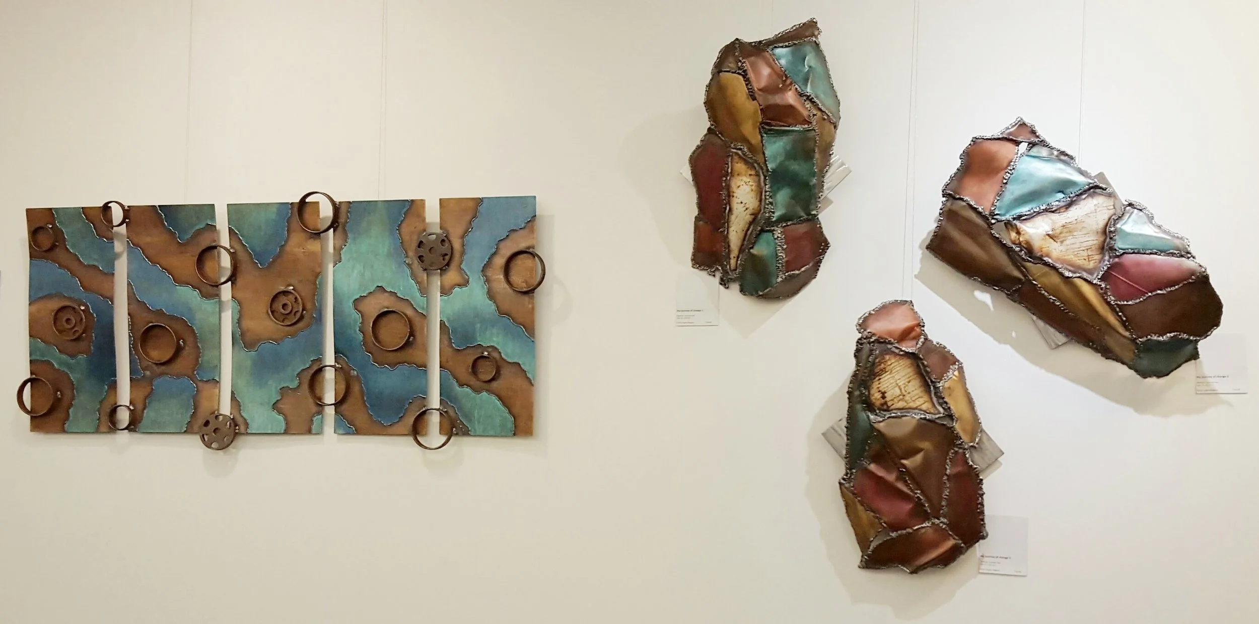 earth bound (28" x 61") & my journey of change (triptych, each piece ~ 24" x 22" x 7")