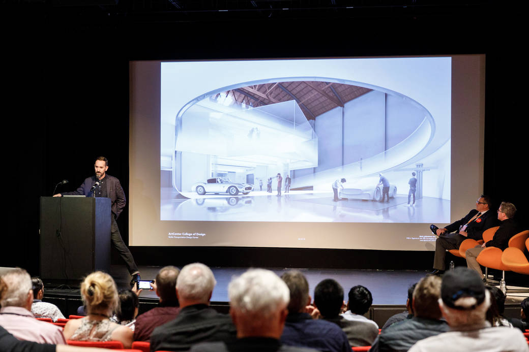 Architect Darin Johnstone presenting during a 2018 Alumni Reunion panel at ArtCenter’s Ahmanson Auditorium about the future Mullin Transportation Design Center