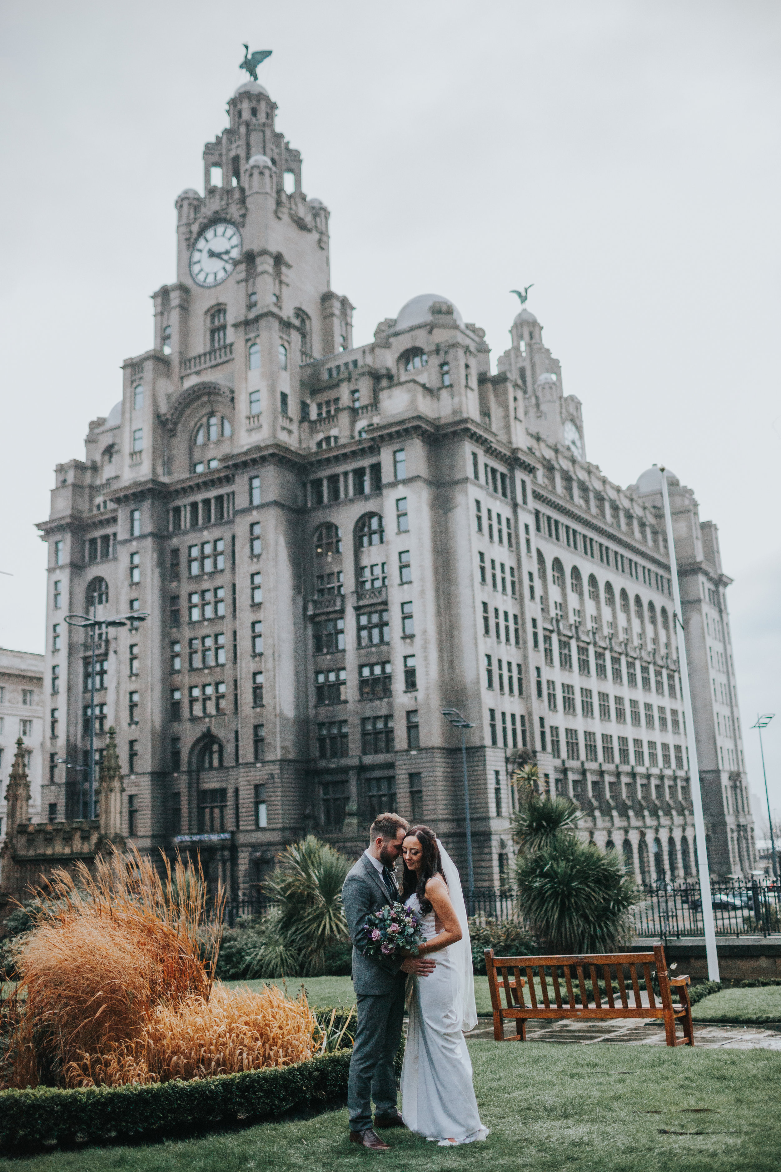 Bride and Groom in front of the Liver Buildings, Liverpool