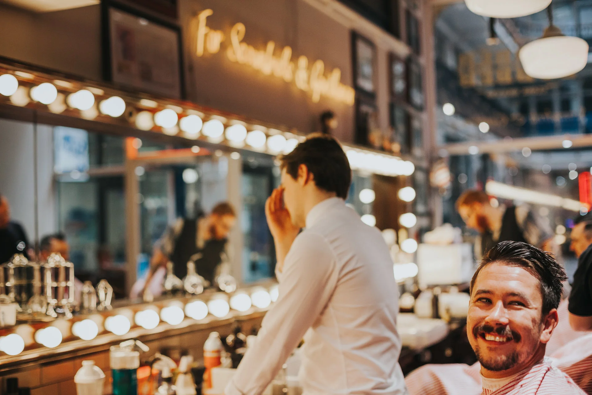 Grooms happy face in barber, barber, Manchester