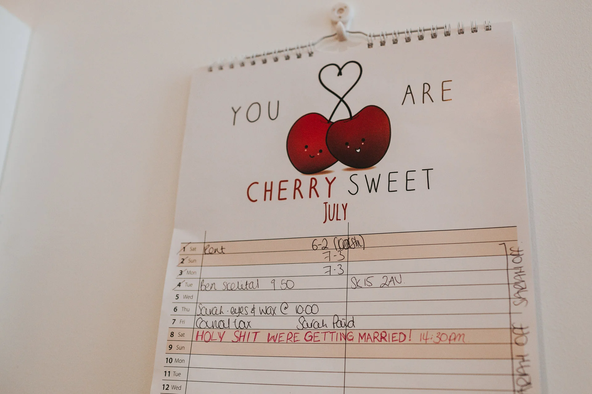Calendar showing date of their wedding