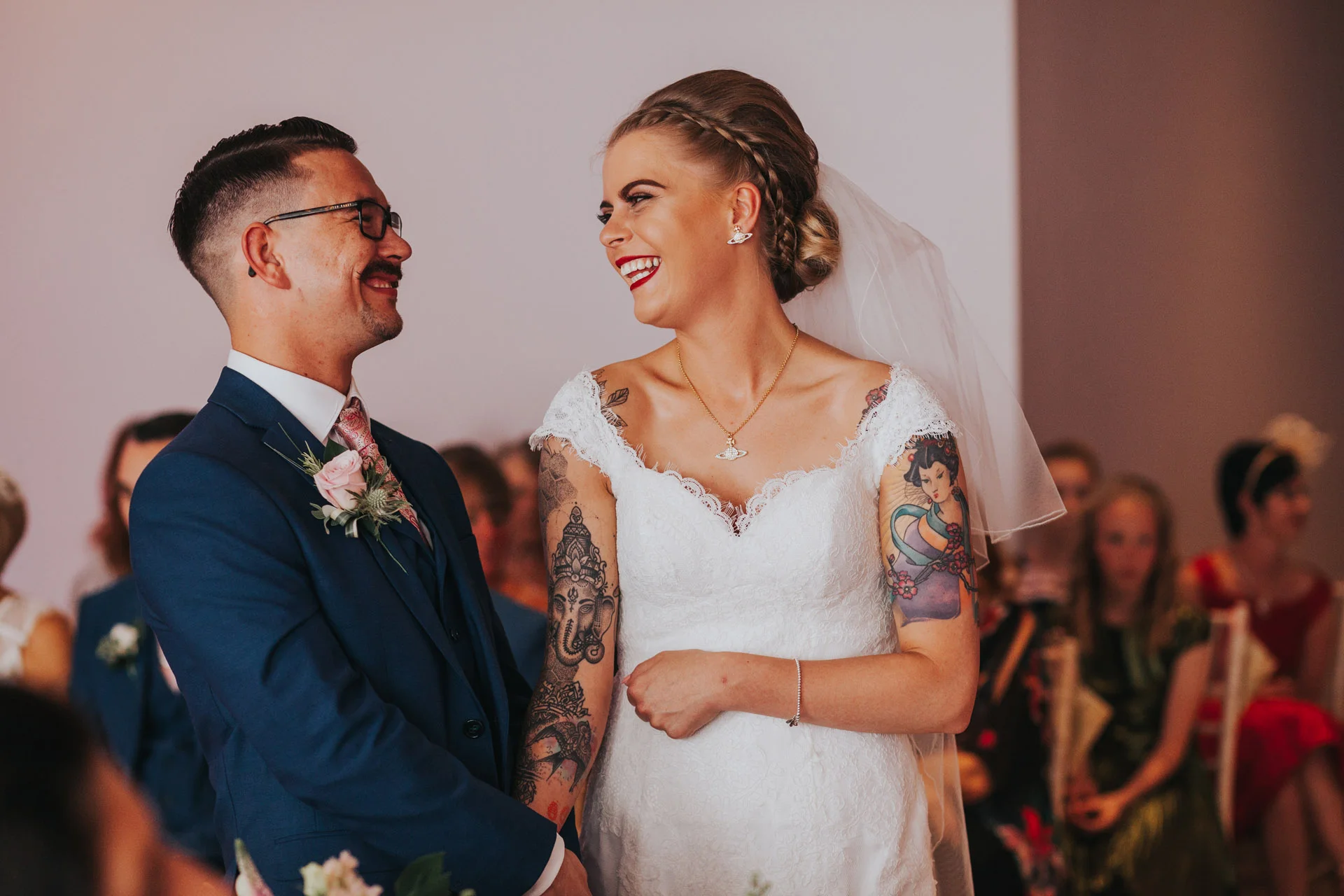 The couple laugh together again. 
