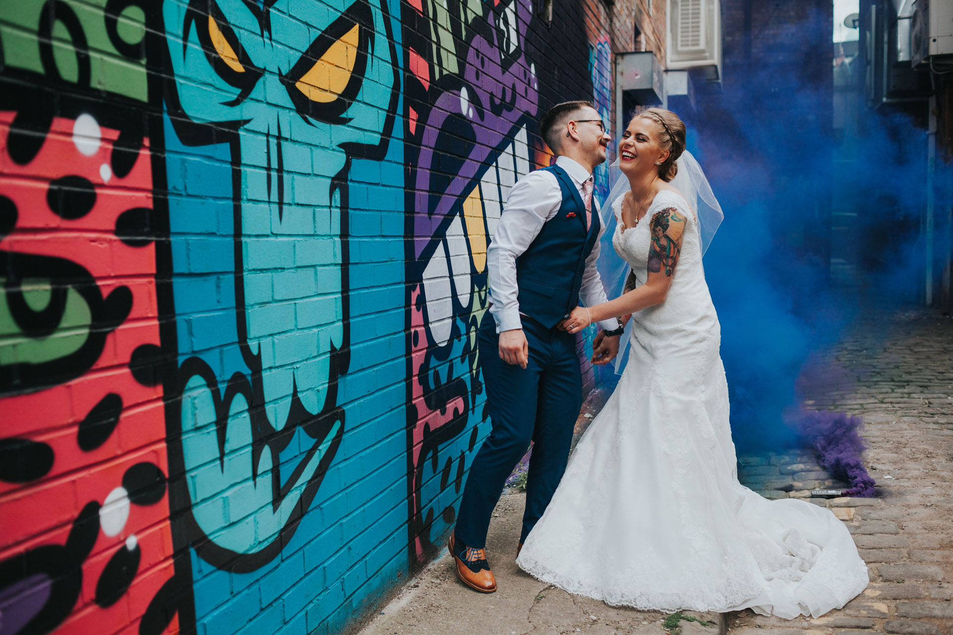 Bride and Groom with smoke bombs in Manchester. 