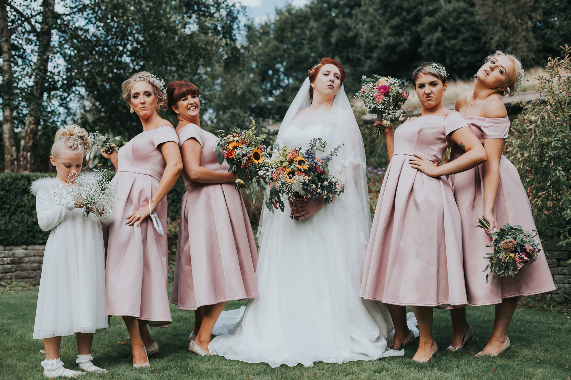 Bridesmaids posing at Trafford Hall. 