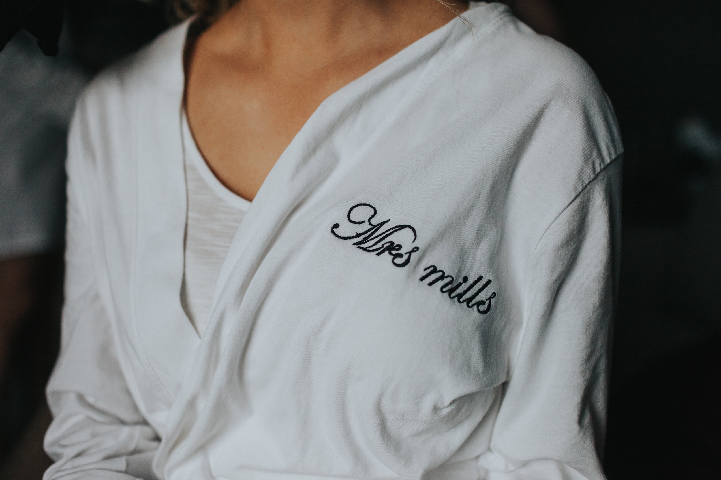 Mrs Mills motif on brides dressing gown.