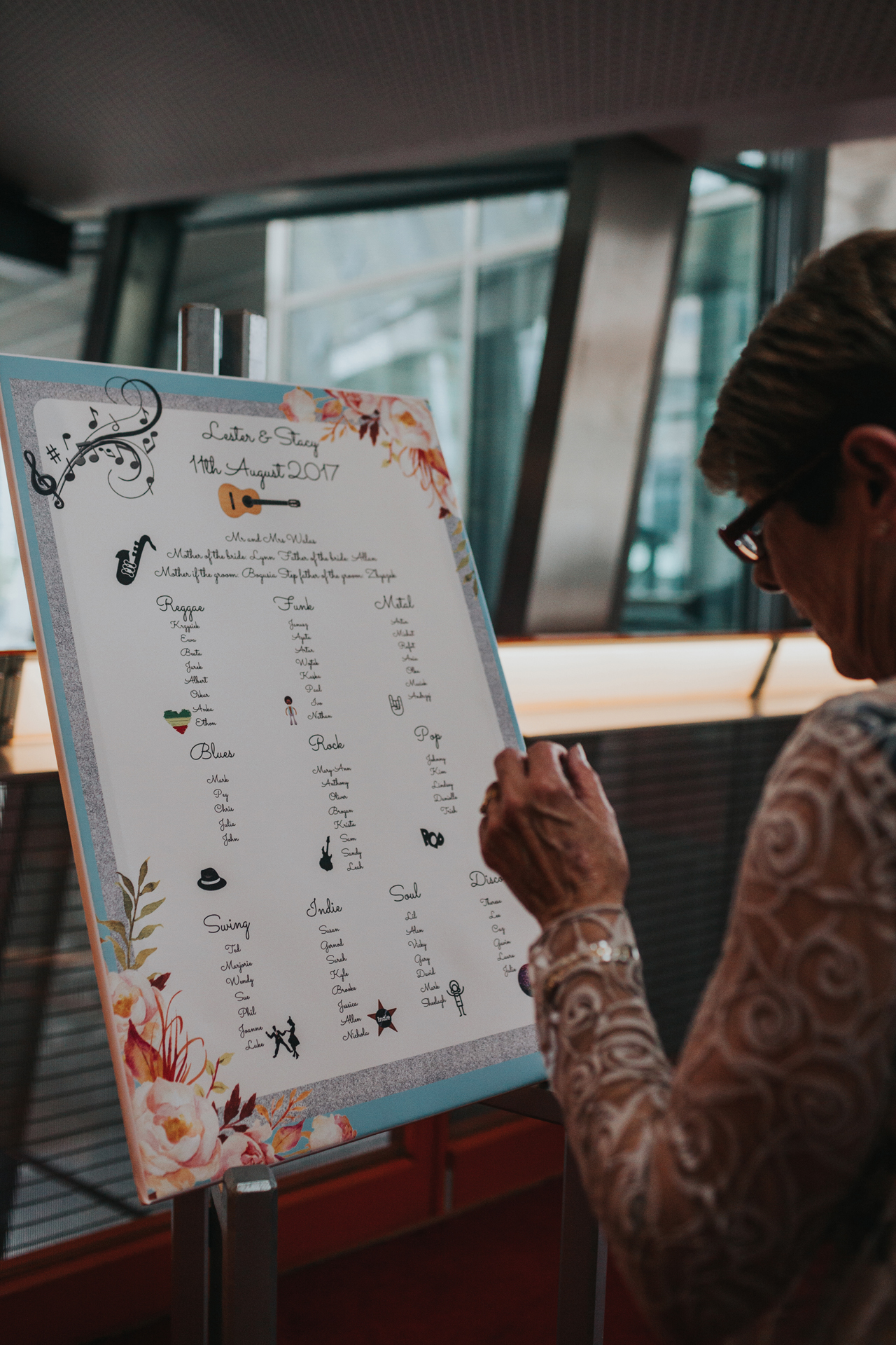 Wedding guest looks at the table plan. 