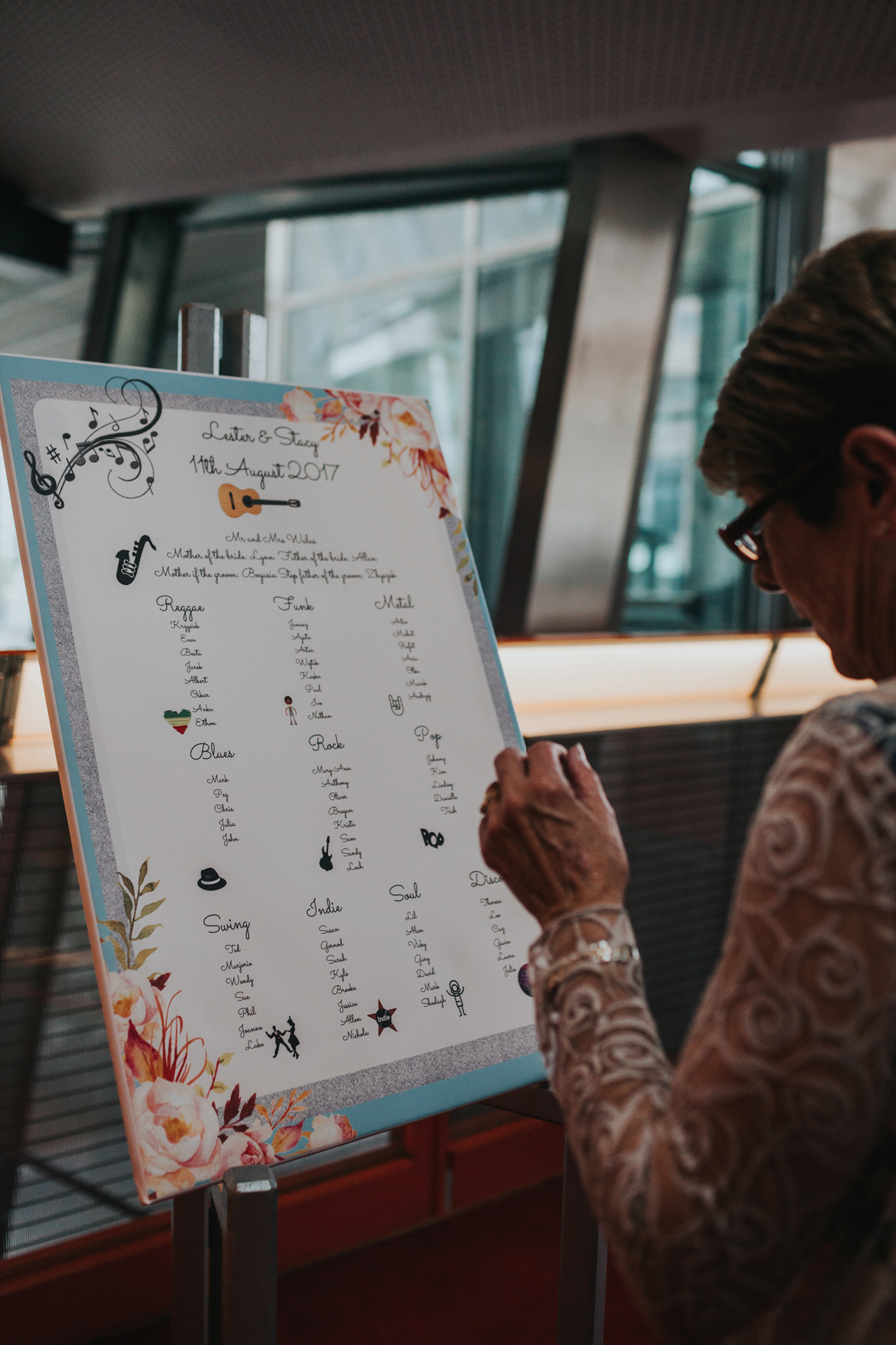 Wedding guest looks at the table plan.