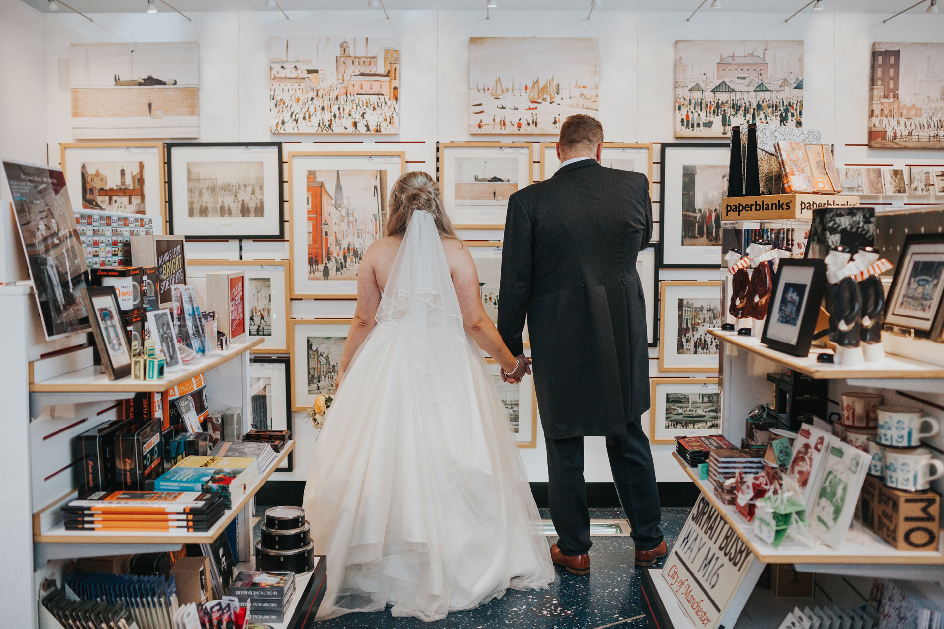 Bride and Groom go shopping in The Lowry Theatre Gift Shop. 