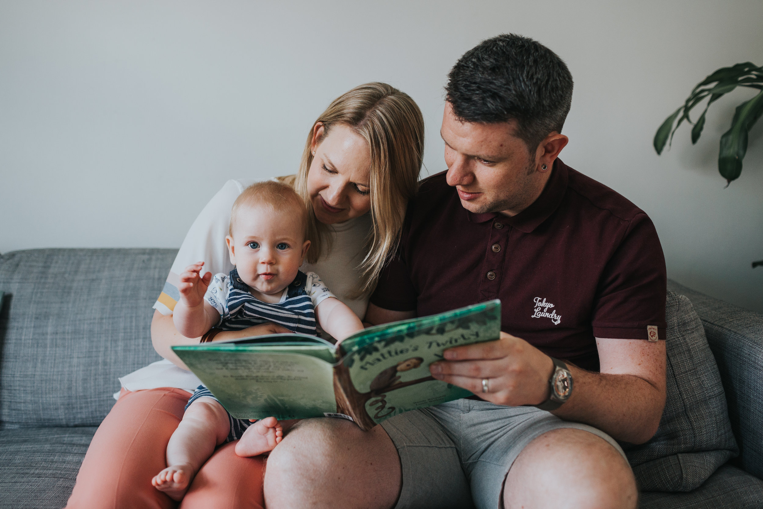 Family read story together.
