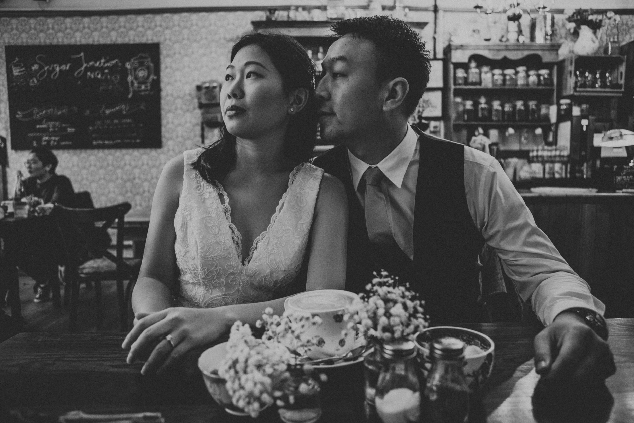 Black and White photo of couple in Sugar Junction. 