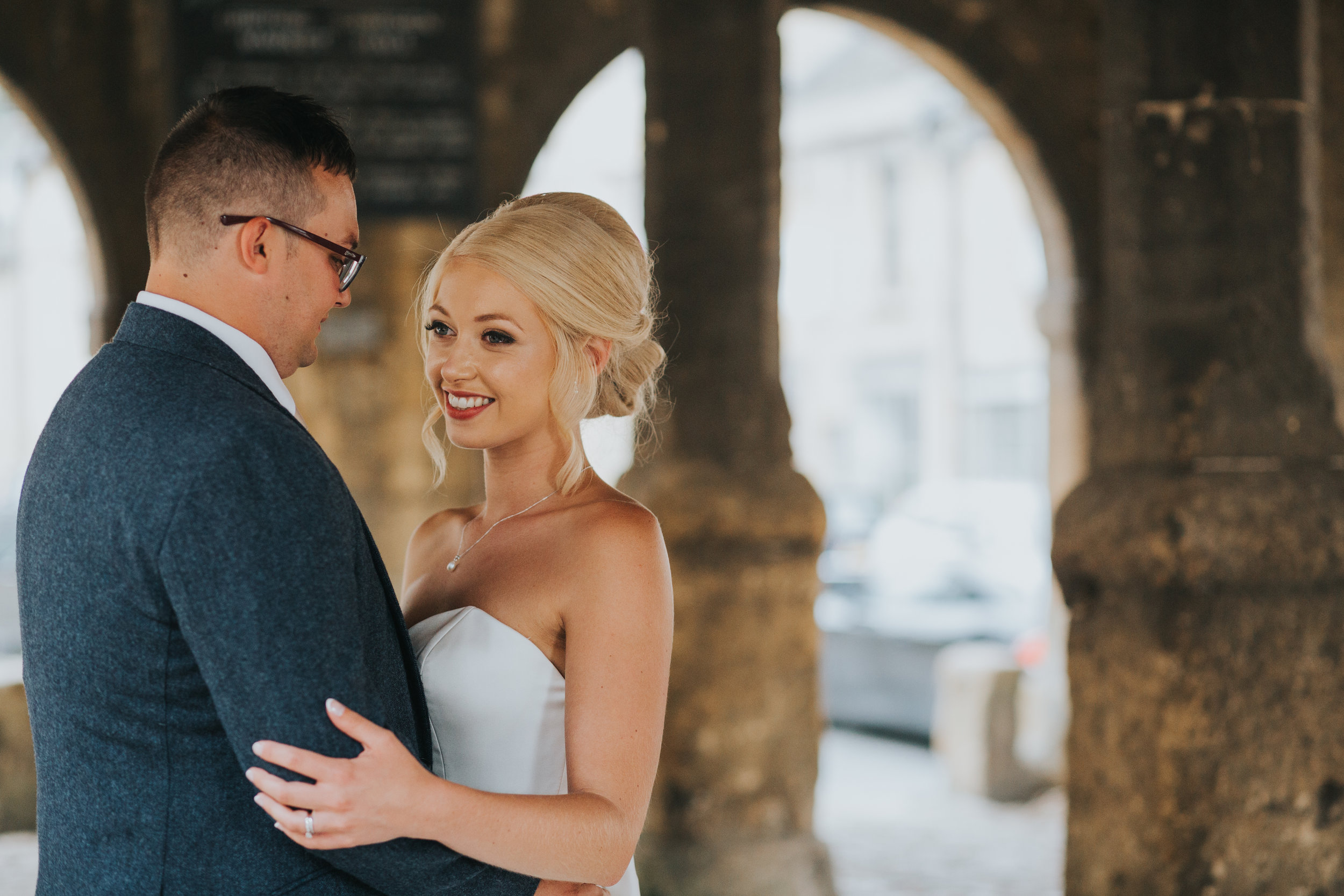 Bride and Groom together in old Chipping Market Hall.  (Copy)