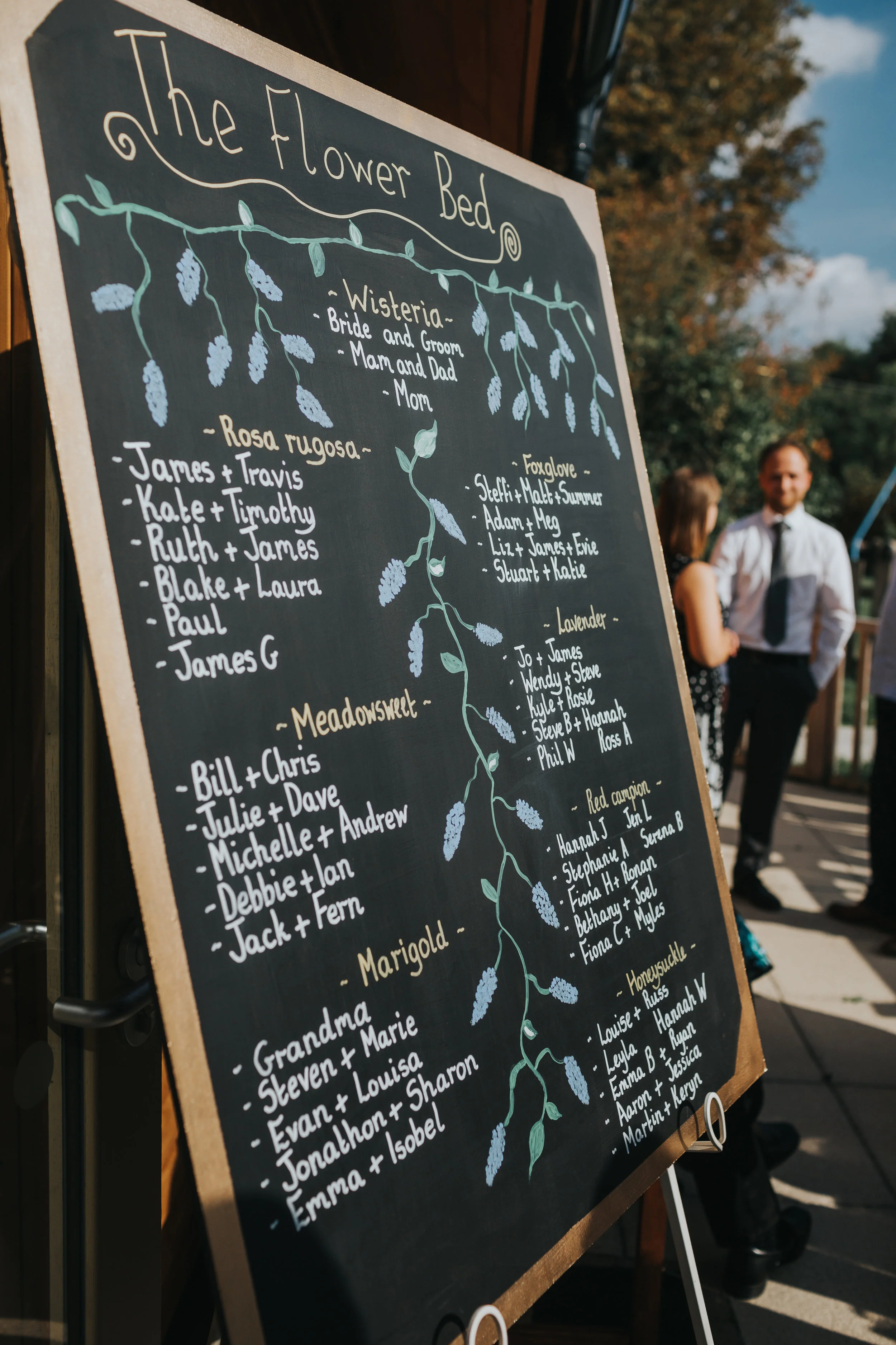 Hand Painted Table Plan Featuring English Flowers, Outside Village Hall Wedding Reception in Oxfordshire. 